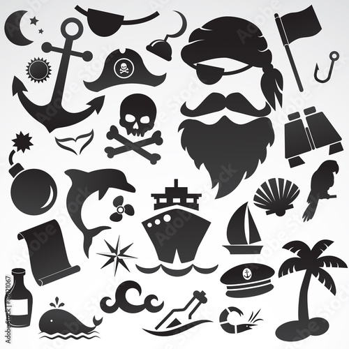 Pirates and sea icon set. Vector art.