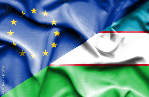 Waving flag of Uzbekistan and EU photo