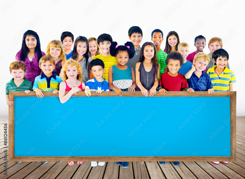 Multi-Ethnic Group of Children Holding Empty Billboard Multi-Ethnic Group of Children Holding Empty Billboard