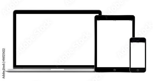 Open laptop with digital tablet and smartphone responsive mockup