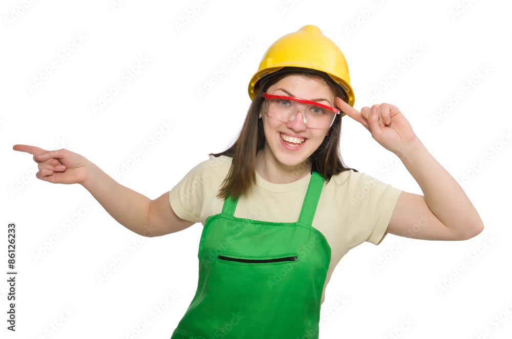 Woman wearing hard hat isolated on white Woman wearing hard hat isolated on white