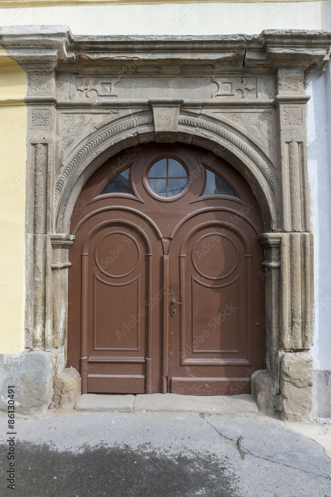 Traditional wooden door in the town, Slovakia