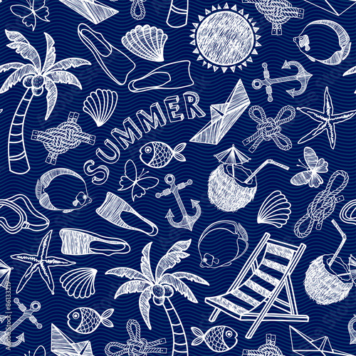 Vector beach seamless pattern. Summer background.