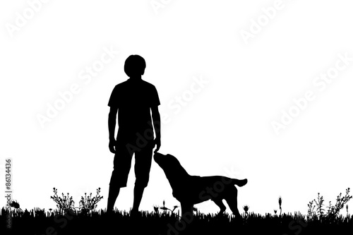 Vector silhouette of a man with a dog.