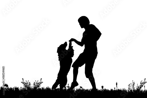 Vector silhouette of a man with a dog.
