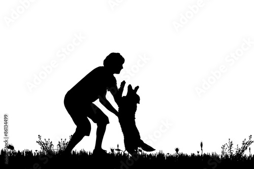 Vector silhouette of a man with a dog.