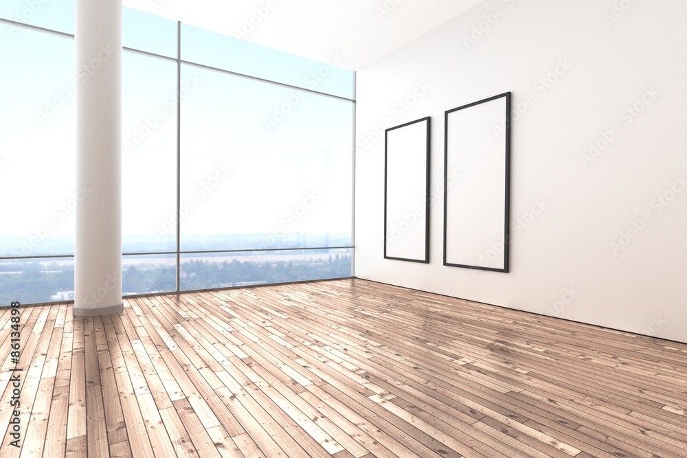Fototapeta premium Raum Galerie hell modern mit Bilderrahmen hoch