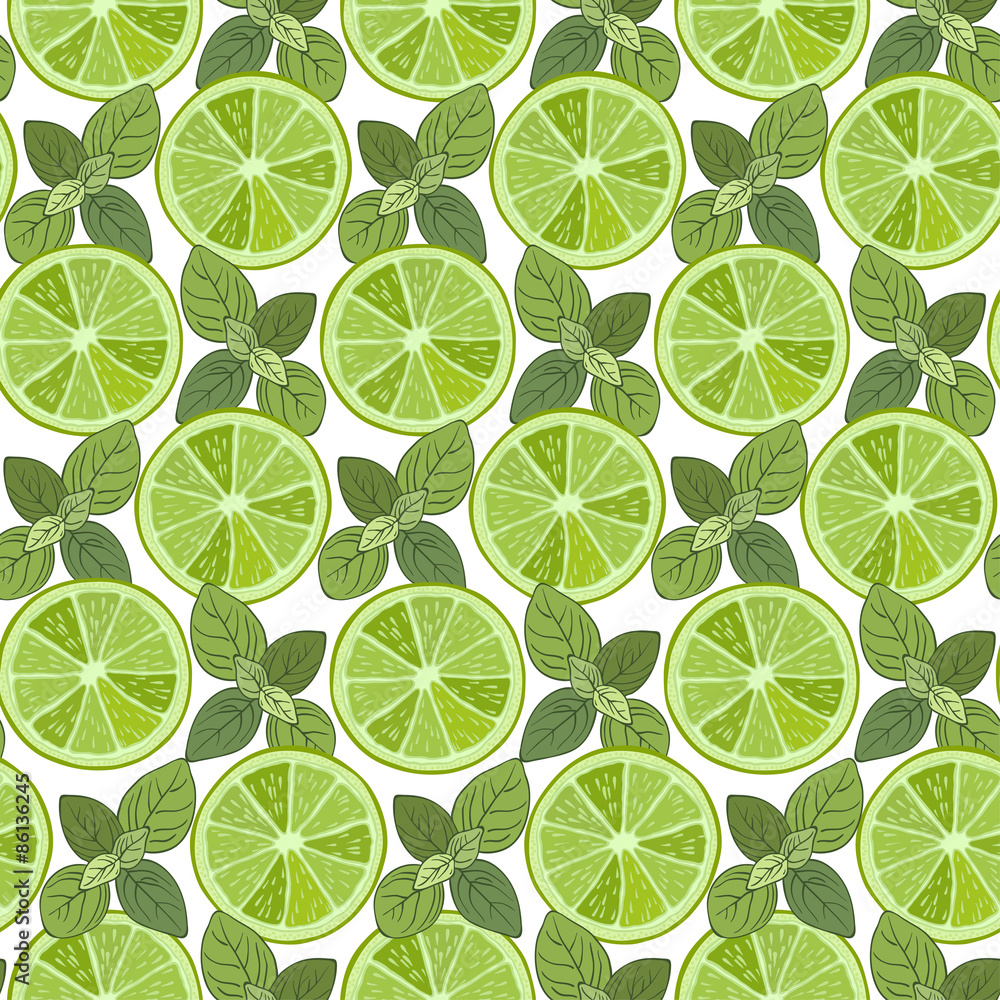 Seamless pattern with slices of  lime and mint.