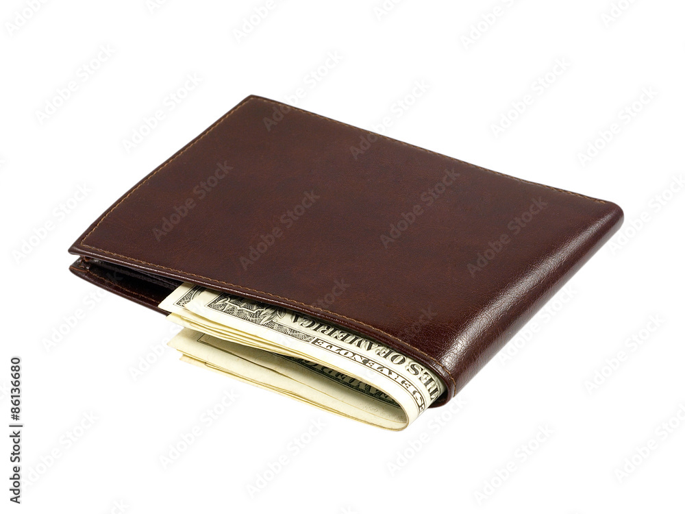 Purse and dollar bills isolated on white background. Purse and dollar bills isolated on white background.