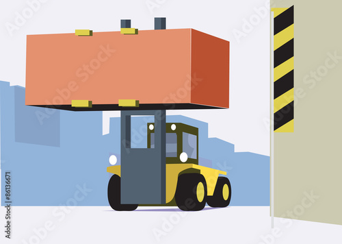 Forklift working in warehouse hangar. Vector