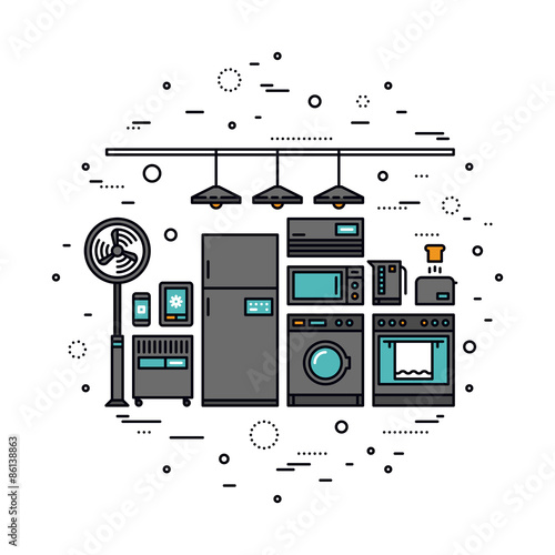 Smart home appliances line style illustration