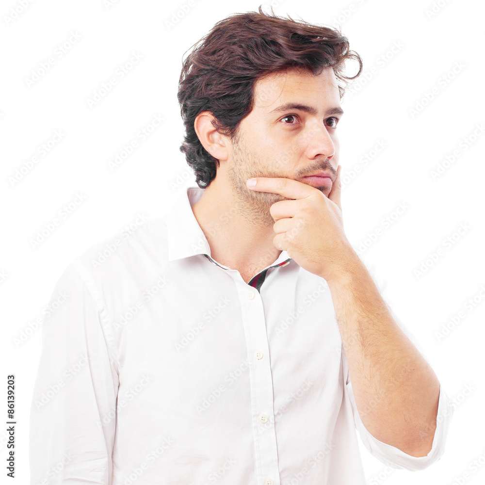 young handsome man doubting isolated over white background young handsome man doubting isolated over white background