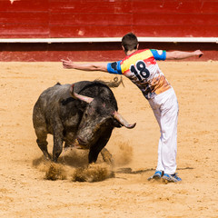 Poster Stierenvechten Recortador springt over vechtstier heen  © AmadeoAV