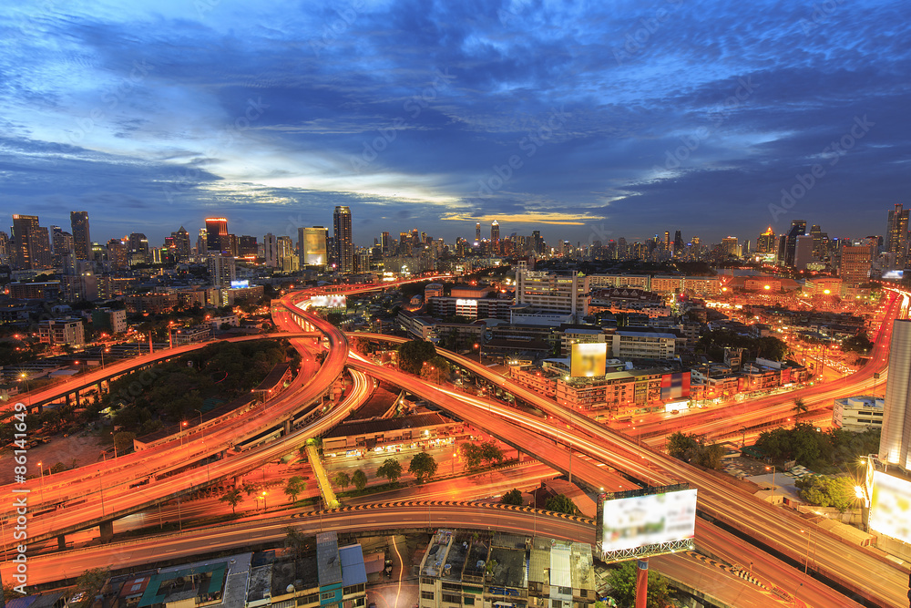 Bangkok city at twilight and main traffic high way