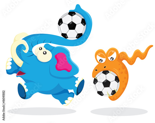 Fototapeta Naklejka Na Ścianę i Meble -  Elephant and Snake play with Soccer Ball