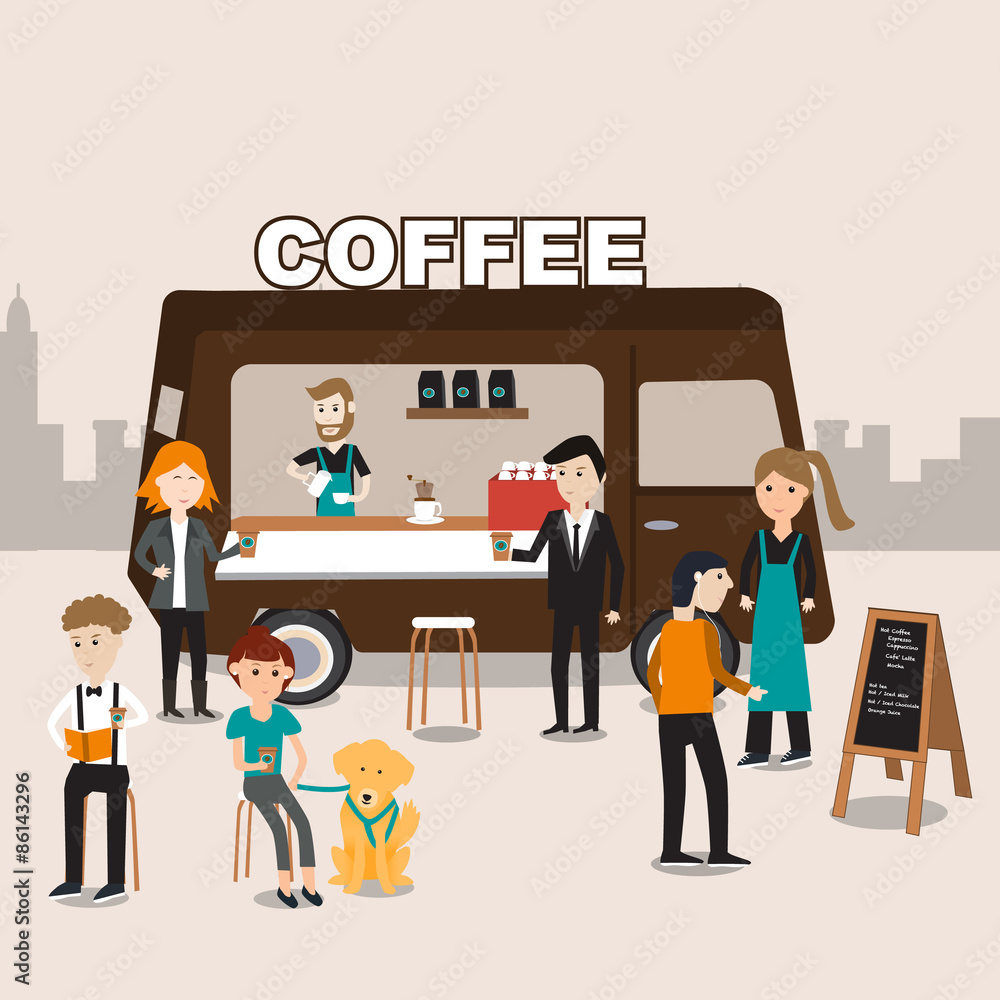 People meeting in the coffee food truck infographics elements.