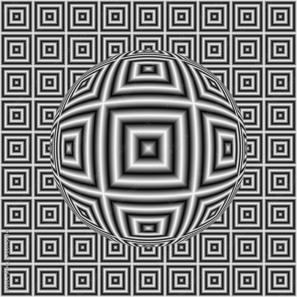 Naklejka premium Black and white optical illusion square pattern with 3D sphere