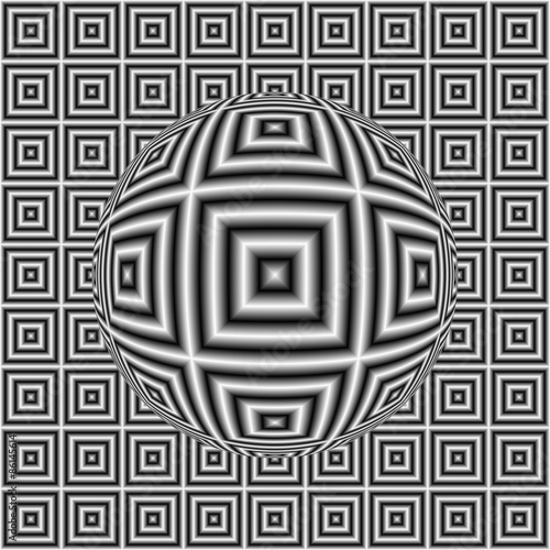 Black and white optical illusion square pattern with 3D sphere