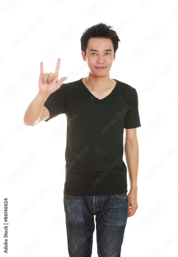 man in t-shirt with hand sign I love you man in t-shirt with hand sign I love you