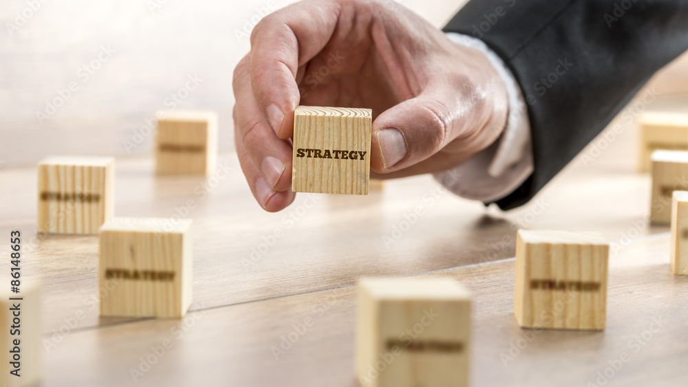Canvas Print Man Holding Wooden Block with Strategy Text