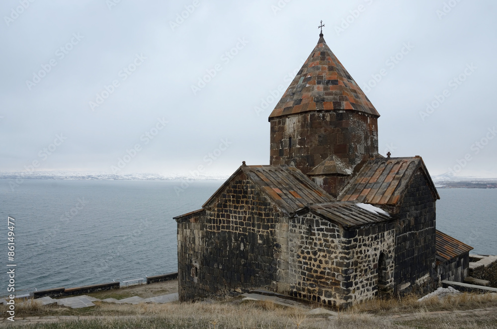 View of Surb Arakelots church in winter,Sevanavank, Armenia