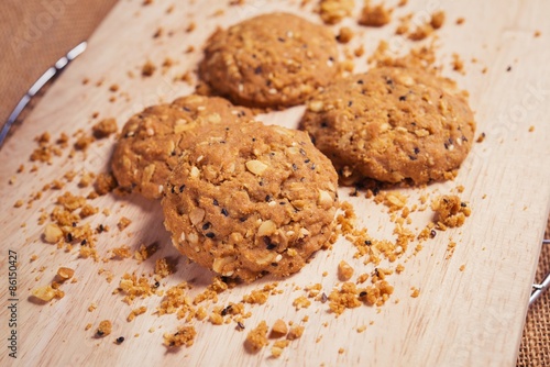 Cookies  snack mix  cereals with health benefits.