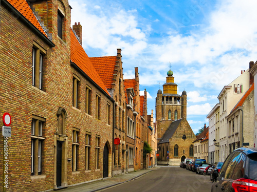 The street with ancient houses in Bruges, Belgium