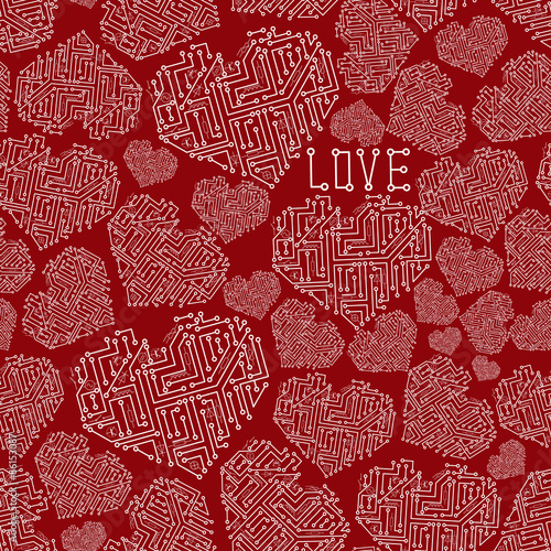 red electrical circuit board heart symbol seamless pattern eps10