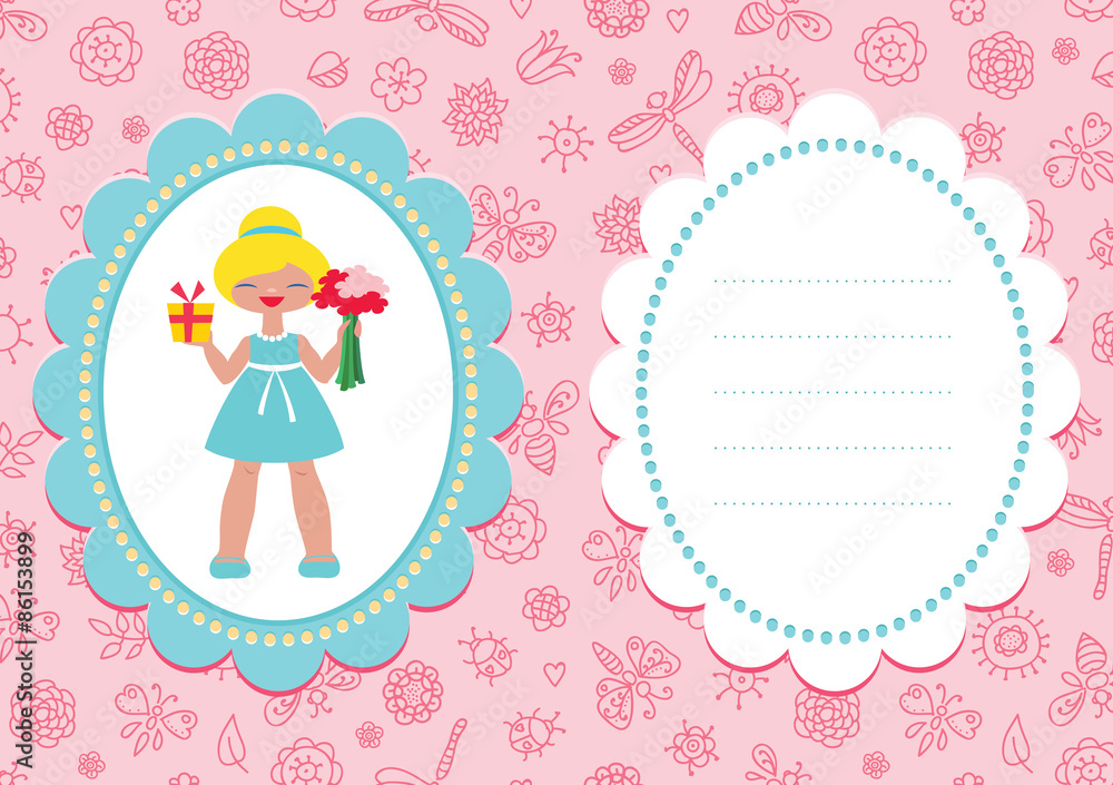 Pink birthday card with cute blond girl in a pretty blue dress Pink birthday card with cute blond girl in a pretty blue dress