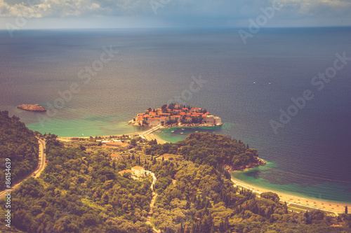 View of the peninsula of Sveti Stefan from the height of the mountains.