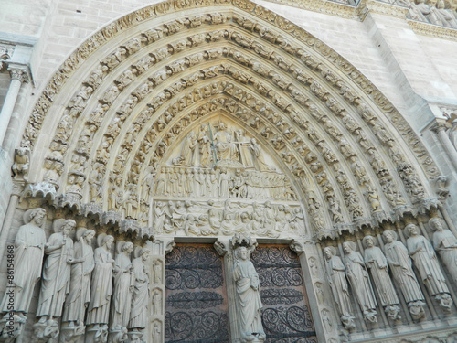Entrance close-up of Notre Dame de Paris Cathedral, France