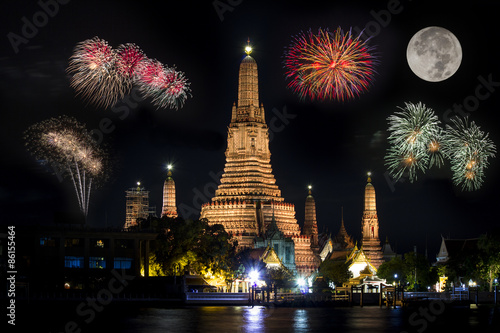 Wat arun under new year celebration time at full moon night, Thailand