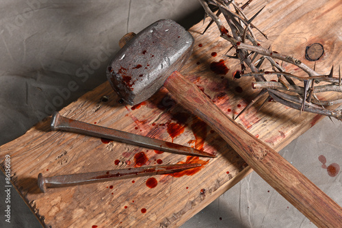 Fotografie Cross, Nails, Crown of Thorns and Malet