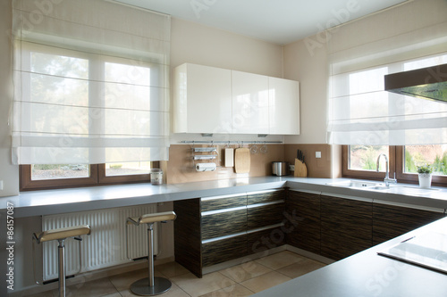 White and brown kitchen interior