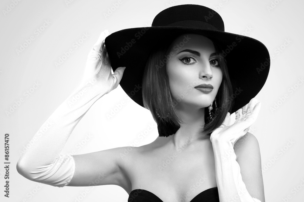 black and white portrait of a beautiful young woman with a bob h black and white portrait of a beautiful young woman with a bob h