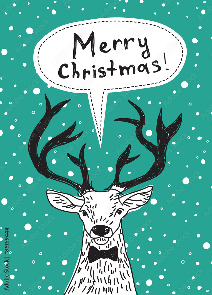 Fototapeta premium Deer color snow merry christmas greeting card. Color vector illustration.