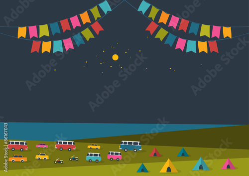 Summer night festival, party music poster, background with color flags and retro cars, vans, buses and tent field. Flat design.