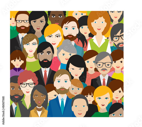 Flat multicultural people heads patter. Vector.