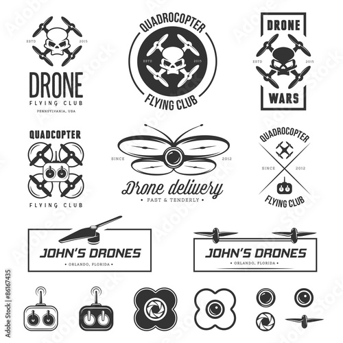 Vector set of drone flying club labels, badges, design elements.