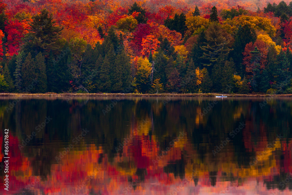 Naklejka premium Kayaking in the fall foliage reflected on the lake