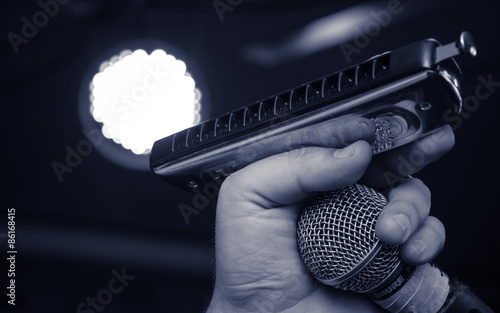Bild auf Leinwand Retro blues harmonica and microphone