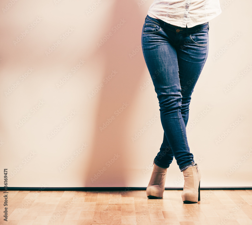woman legs in denim trousers high heels shoes woman legs in denim trousers high heels shoes