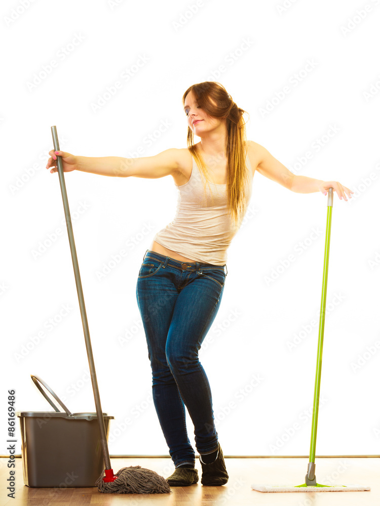 Funny cleaning woman mopping floor Funny cleaning woman mopping floor
