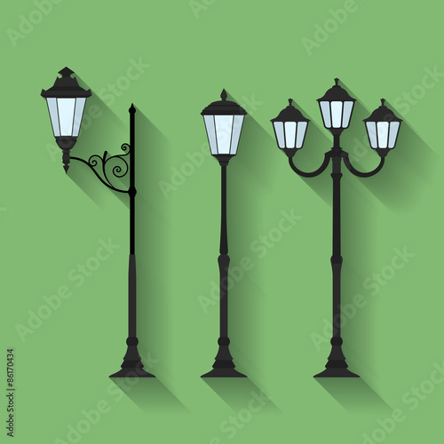 Icon set of three streetlights or lanterns. Flat style