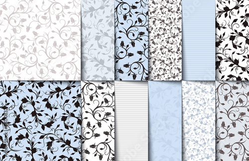 Set of blue, white and gray seamless floral patterns. Vector illustration.