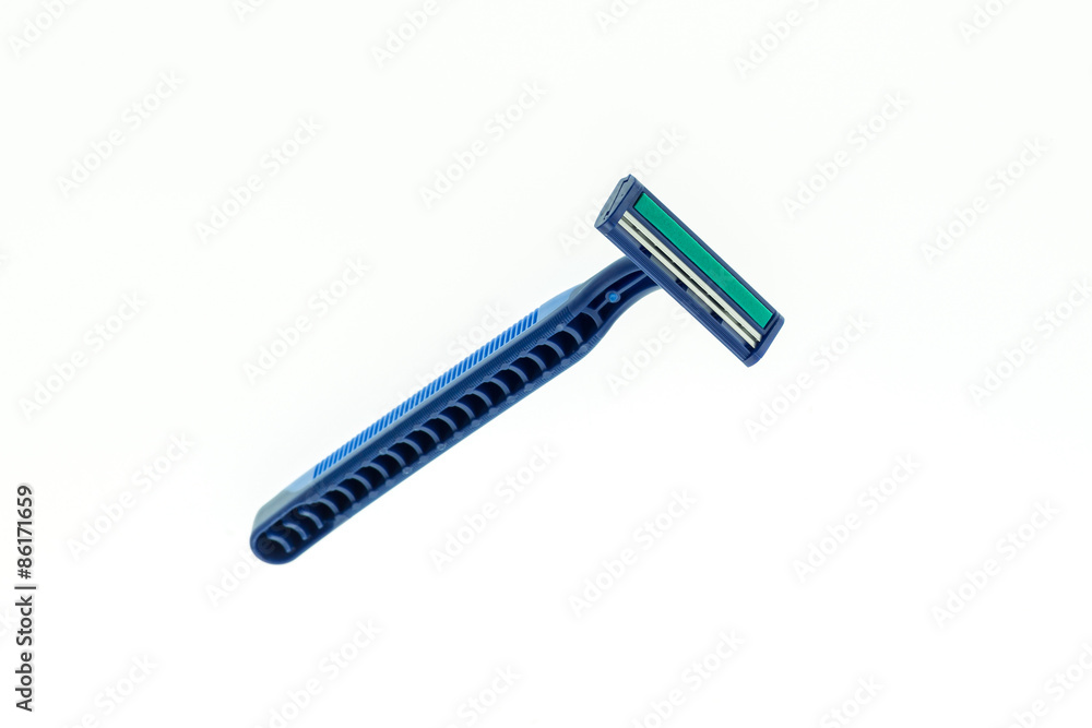 Close up new blue shaver isolated on white Close up new blue shaver isolated on white