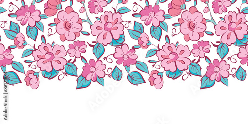 Vector pink blue kimono flowers horizontal border seamless