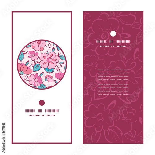 Vector pink blue kimono flowers vertical round frame pattern