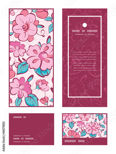 Vector pink blue kimono flowers vertical frame pattern