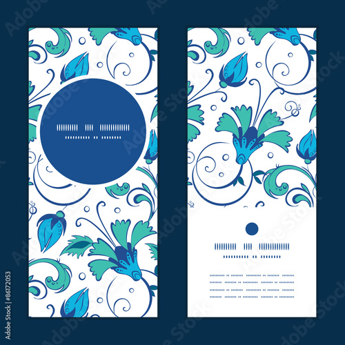 Vector blue green swirly flowers vertical round frame pattern